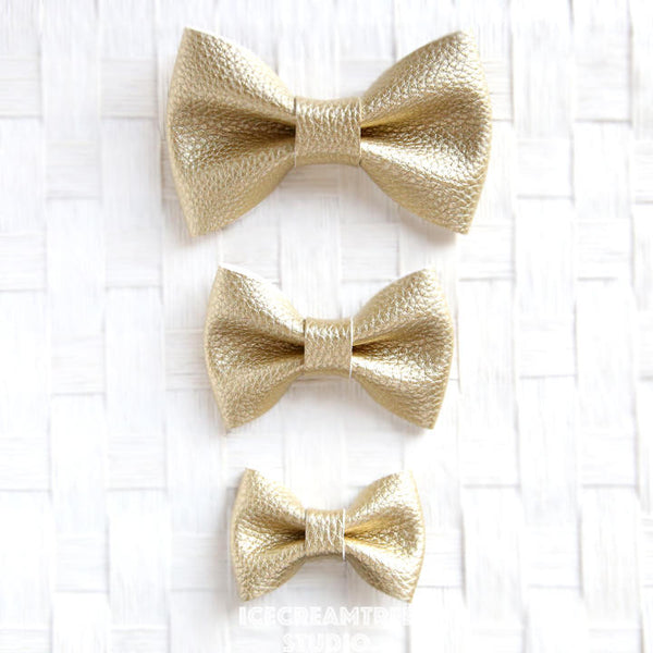Faux Leather Metallic Gold Bow - Collar Slide on Bow
